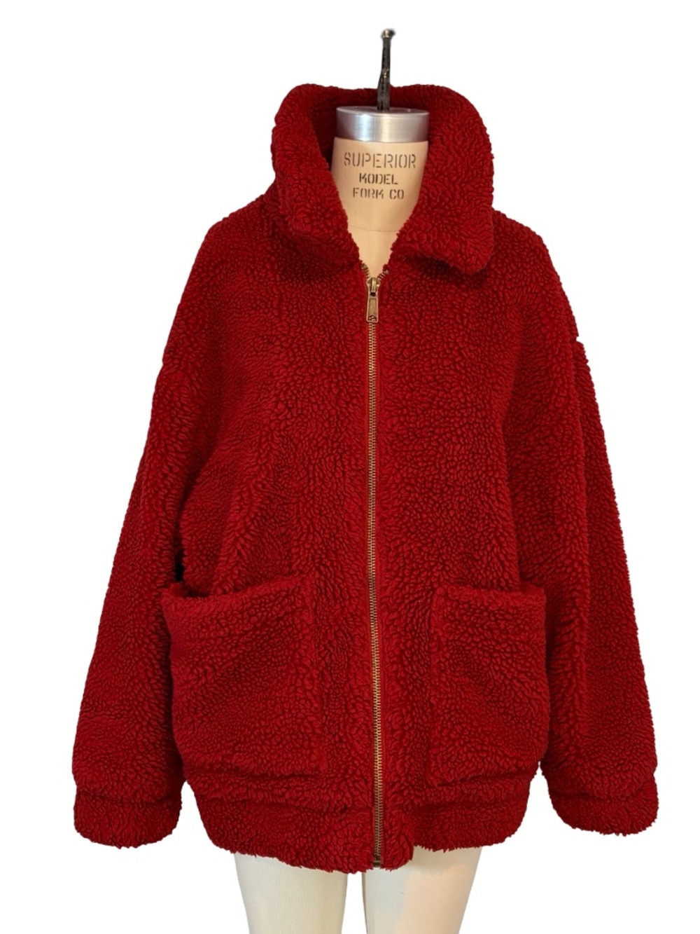 Garage Vibrant Red Zip Front Fleece Bomber Style Jacket Womens MED/LG Boxy Fit